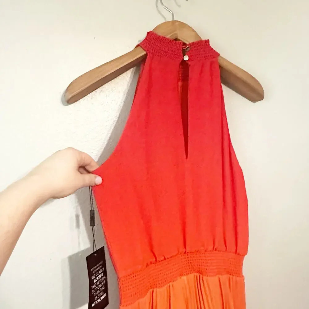 WHBM Orange Ombre Halter Pleated Shark-bite Midi Dress women’s size 6 NEW - Picture 8 of 12